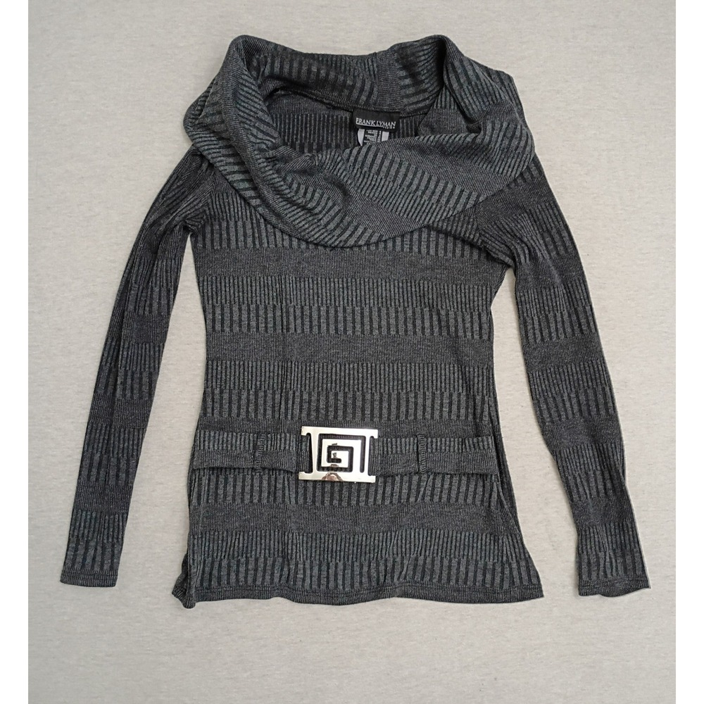 Frank Lyman Grey Cowl Neck Belted Tunic Sweater Greek‎ Key Buckle Size 4 Y2K - Picture 2 of 8